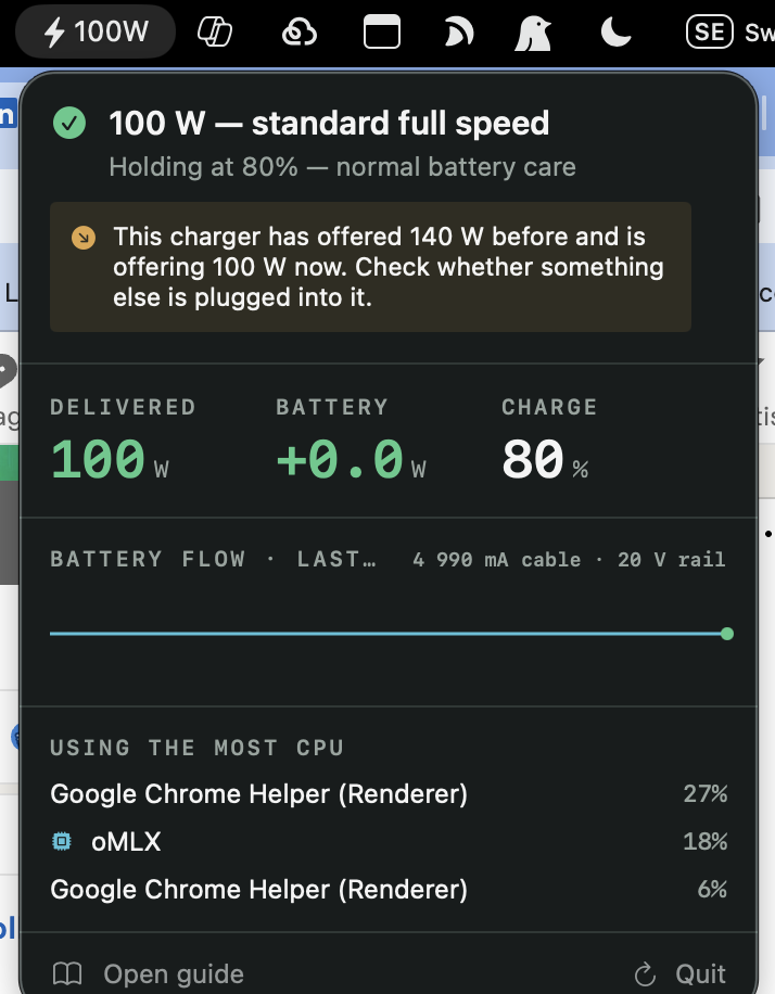 The Smart Charging menu bar panel: 100 W delivered, a notice that the charger has previously offered 140 W, and oMLX listed among the processes using the most CPU